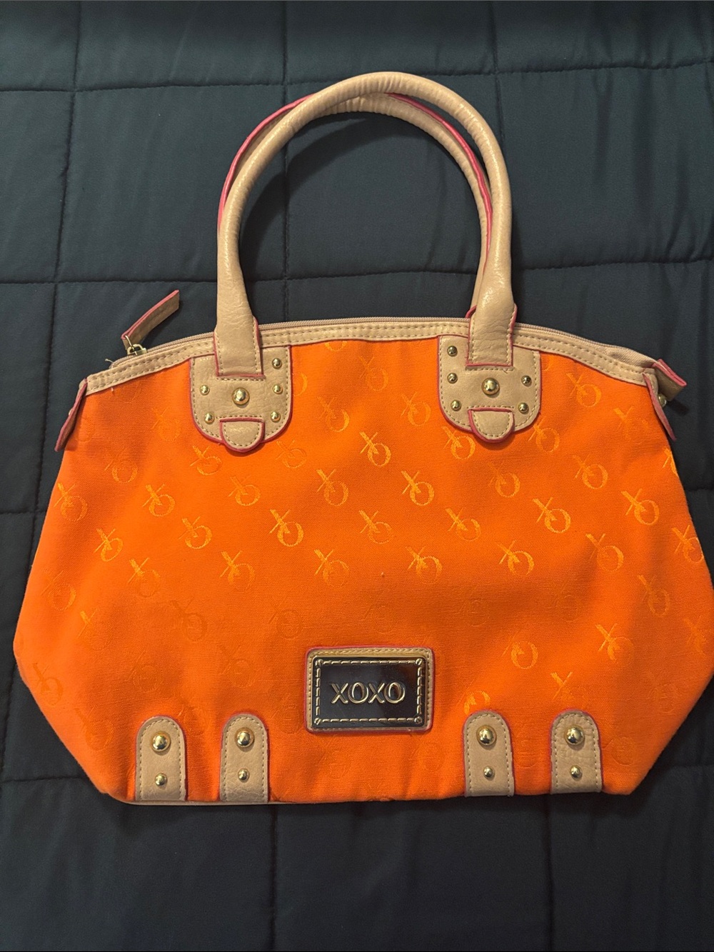XOXO Orange Tote with Beige Trim and Gold Accents